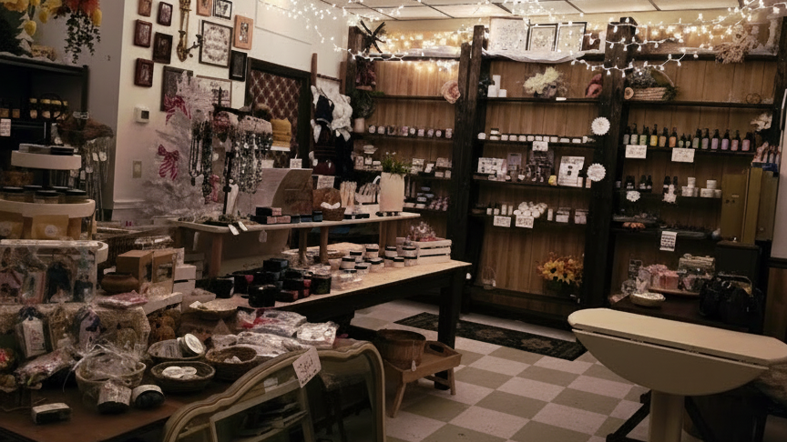 Indoors setting with string lights, checkered floor, and various items on shelves.